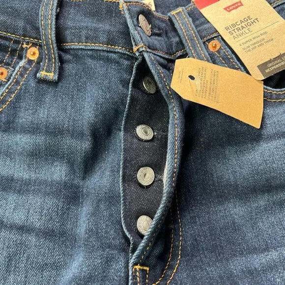 Levis Rib Cage Straight Ankle Jeans Womens 26 X 27 Button Fly Distressed Denim - Picture 10 of 13